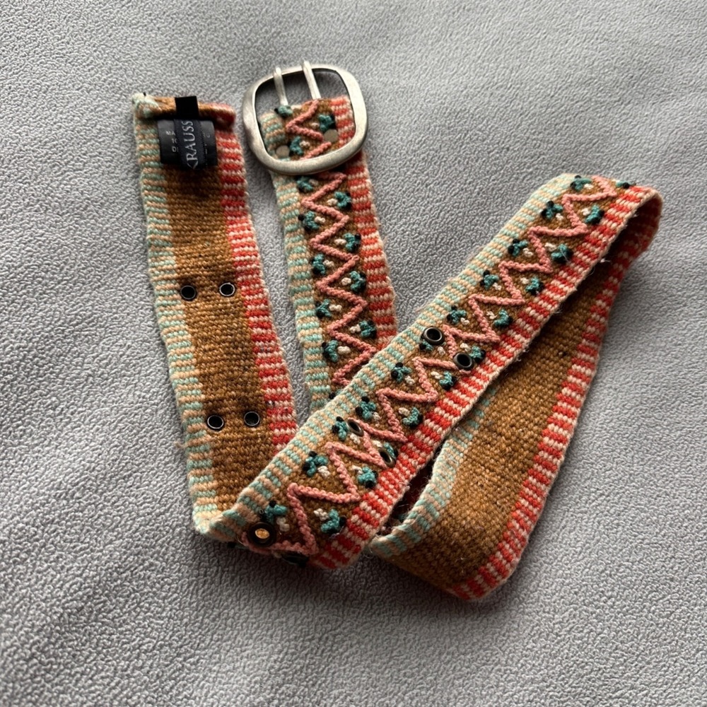 Jenny Krauss Embroidered Belt Womens Small Floral Geometric Wool Boho Peru Made